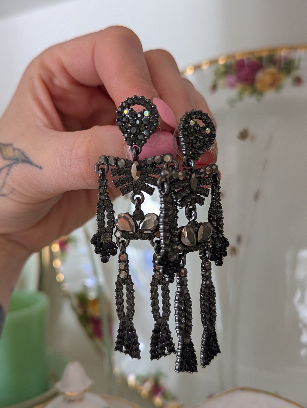 💀🖤Earrings Statement Black Crystal Skeleton Halloween Costume Whimsigoth - Picture 5 of 8